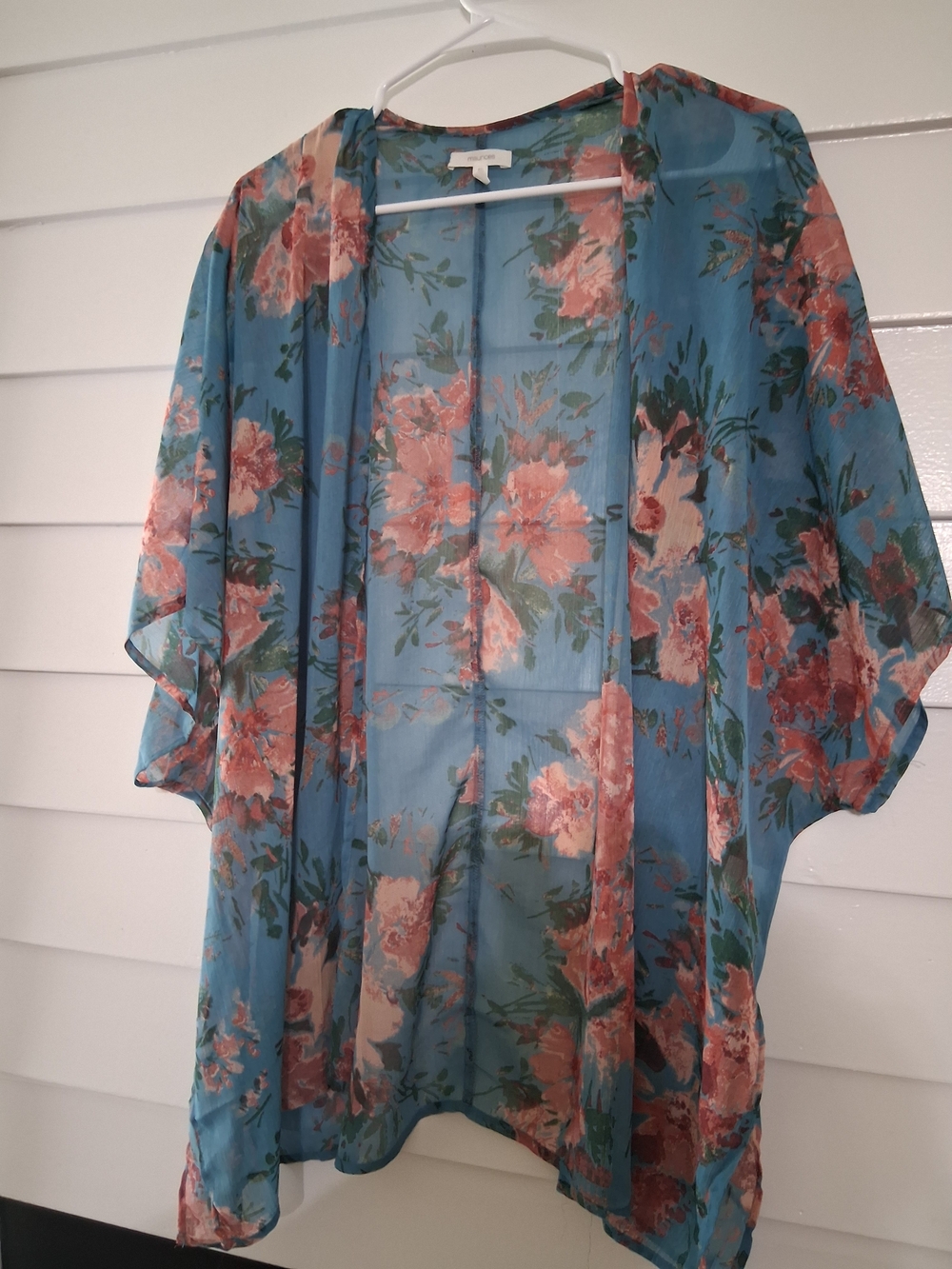 Maurices Teal Floral Sheer Kimono with Coral Accents